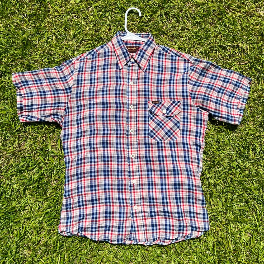 VTG Vintage Wrangler Mens 70s Medium Red Blue Plaid Short Sleeve Button Up Shirt